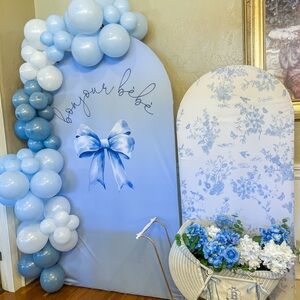 Bonjour Bébé Blue Bow baby shower decor  7.2’x4’ Backdrop arch cover.